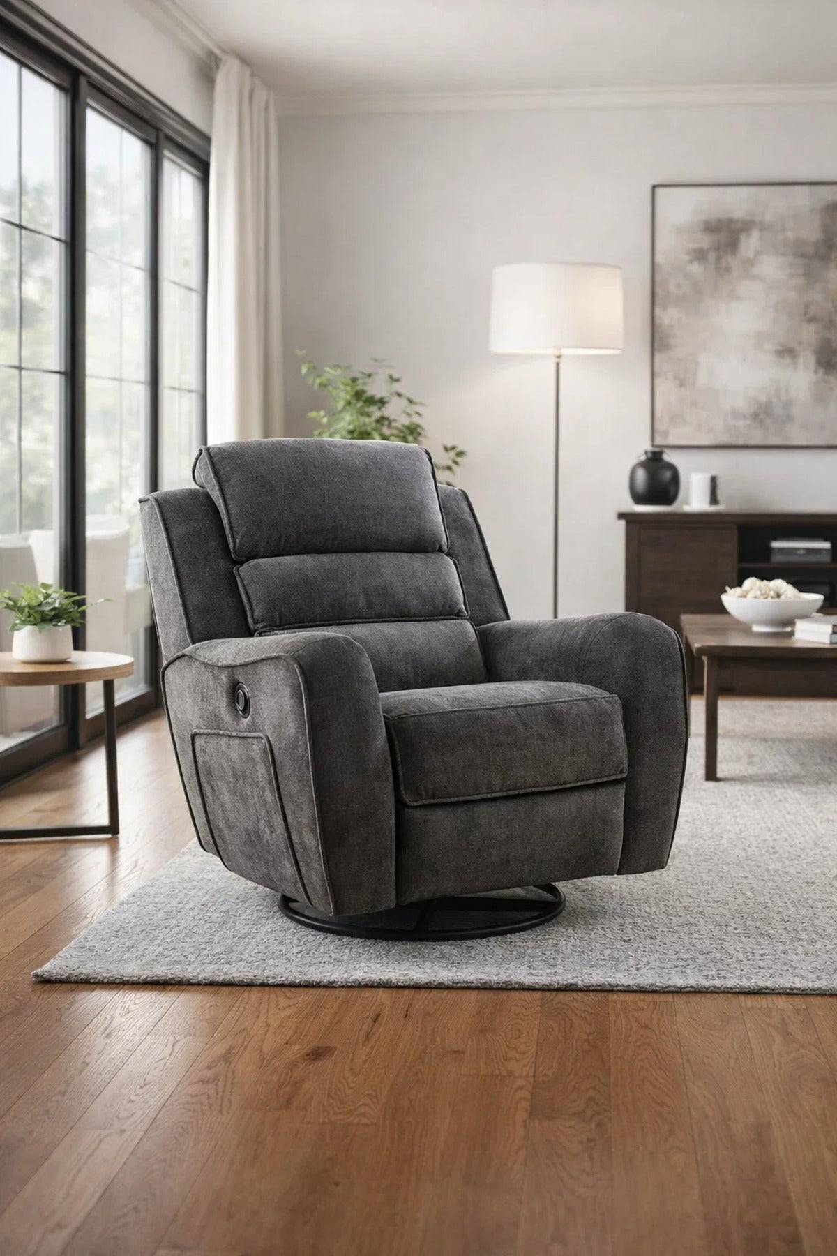 Premium Dark Grey Swivel Rocker Recliner Chair with Side Pockets for Ultimate Home Comfort