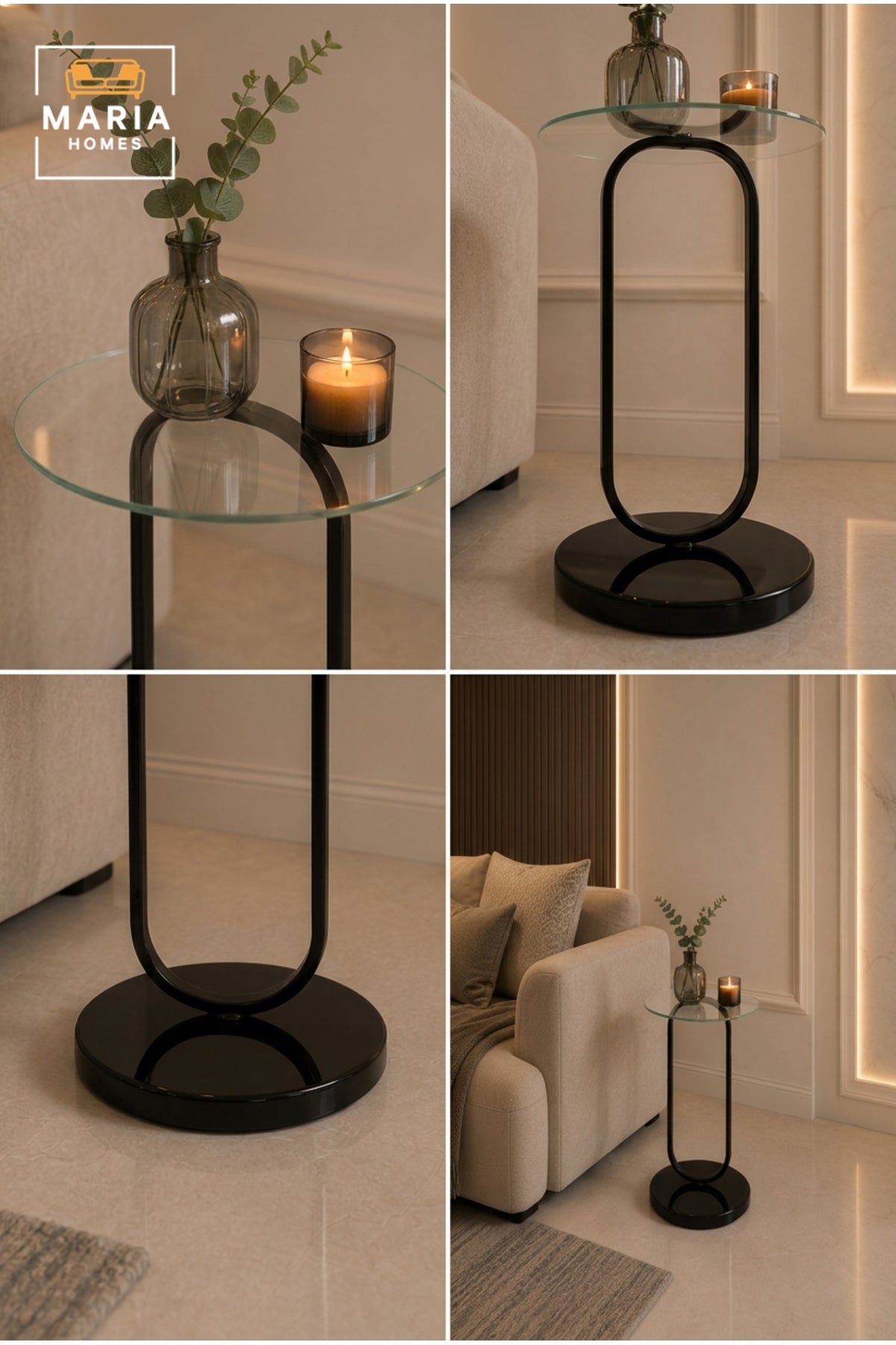 Modern Glass Side Table √ê Round Accent End Table with Black Metal Base for Living Room & Bedroom