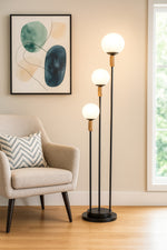 Modern Black Floor Lamp with Triple White Globe Lights Metal Stand for Living Room & Bedroom