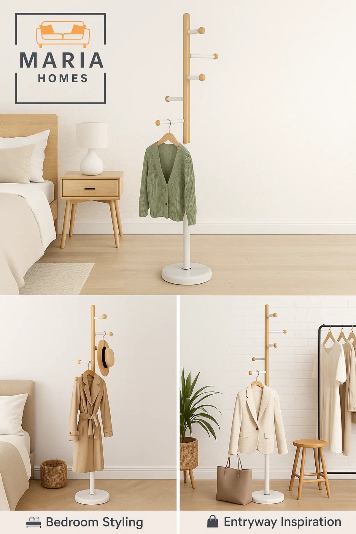 Minimalist Wood and Metal Coat Rack with Side Peg Hooks