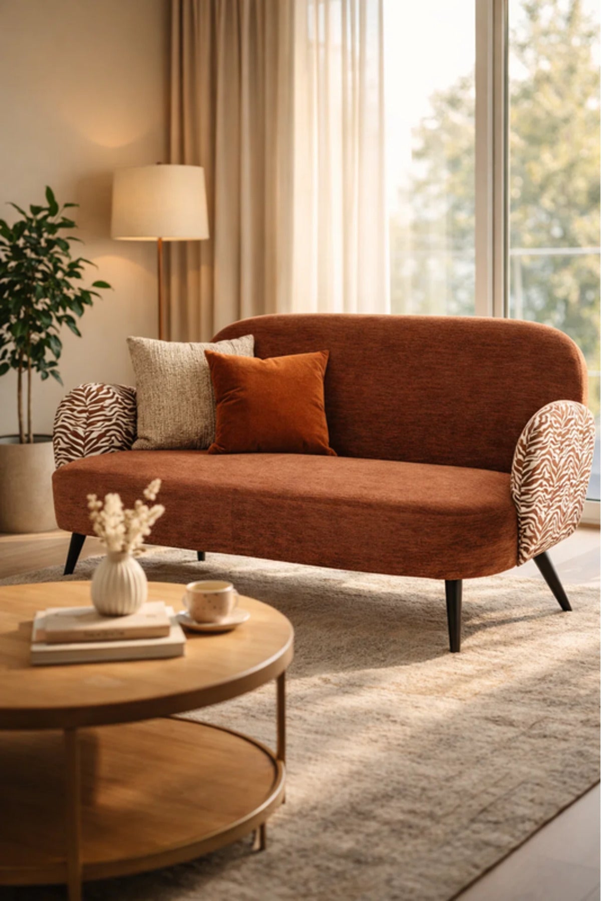 Modern Brown Two Seat Sofa with Patterned Armrests Upholstered Living Room Couch modern