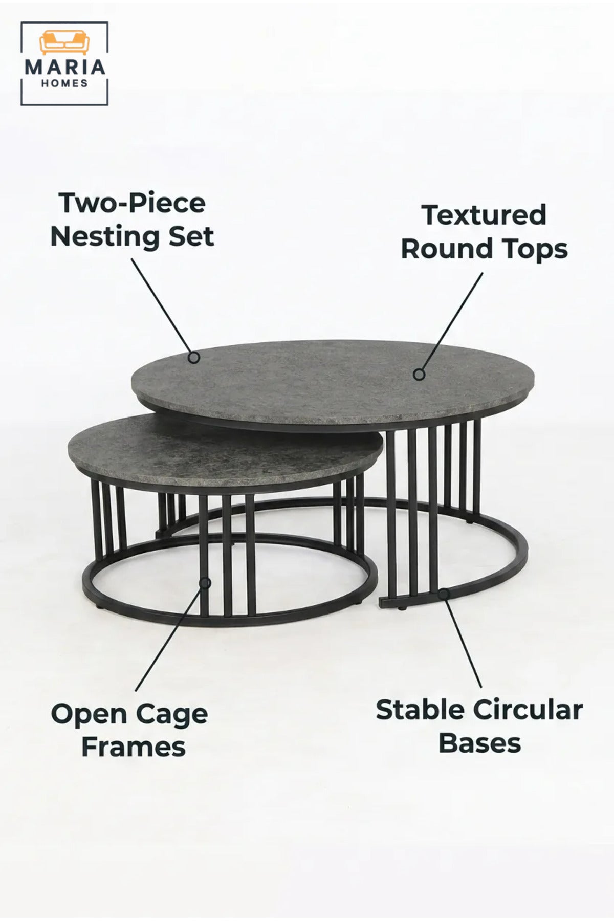 Modern Nesting Coffee Table Set with Round Stone-Effect Tops and Open Metal Frames, Space-Saving Center Tables for Living Room, Lounge and Office