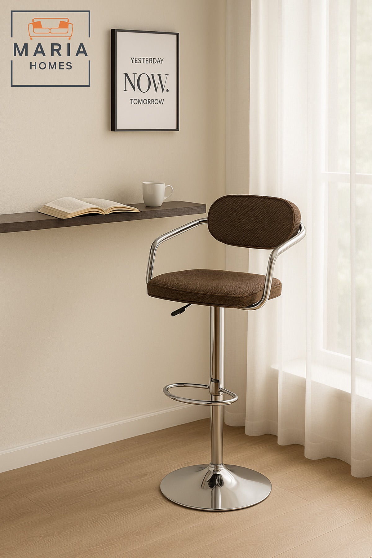 Adjustable Brown Bar Stool with Chrome Base and Backrest Ð Swivel Counter Chair for Kitchen & Bar