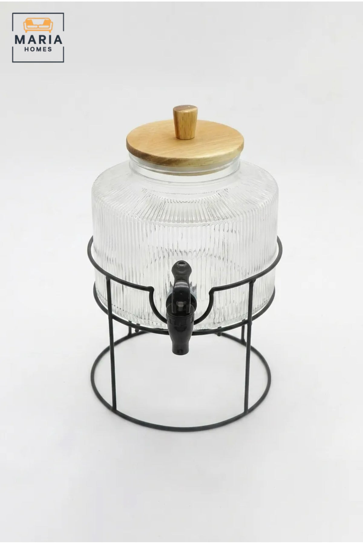 Glass Beverage Dispenser with Tap, Wooden Lid and Metal Stand, Drink Jar for Water, Juice, Lemonade, Iced Tea, Parties, Buffets and Home Use