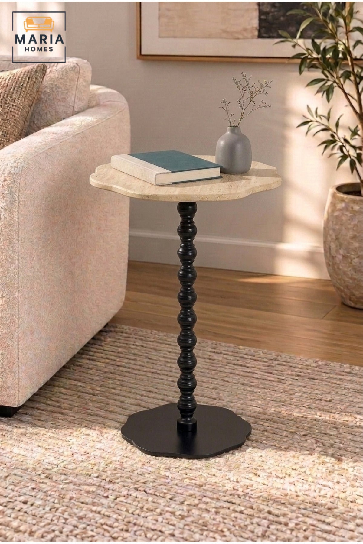 Modern Beige Top Side Table with Decorative Black Pedestal Base, Compact Accent Table for Living Room, Bedroom, Sofa Side & Lounge – 40 × 60 cm