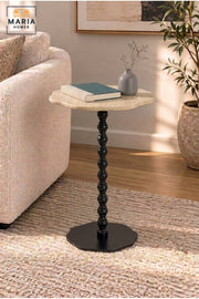 Modern Beige Top Side Table with Decorative Black Pedestal Base, Compact Accent Table for Living Room, Bedroom, Sofa Side & Lounge – 40 × 60 cm