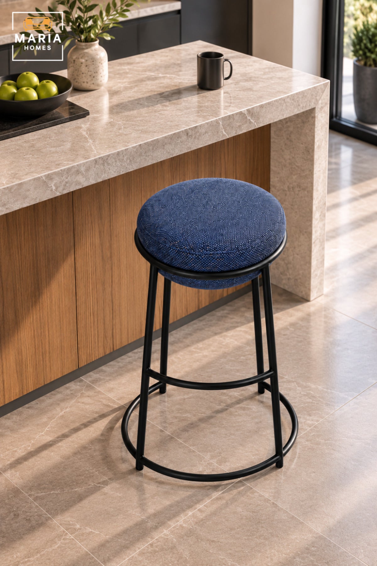 Modern Round Bar Stool with Padded Fabric Seat & Circular Footrest | Blue Upholstered High Counter Chair with Slim Black Frame for Kitchen and Café 70x33cm