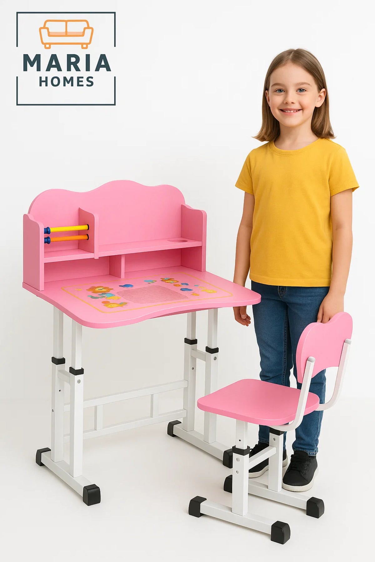 Pink Adjustable Kids Study Desk and Chair Set with Storage Shelf and Abacus