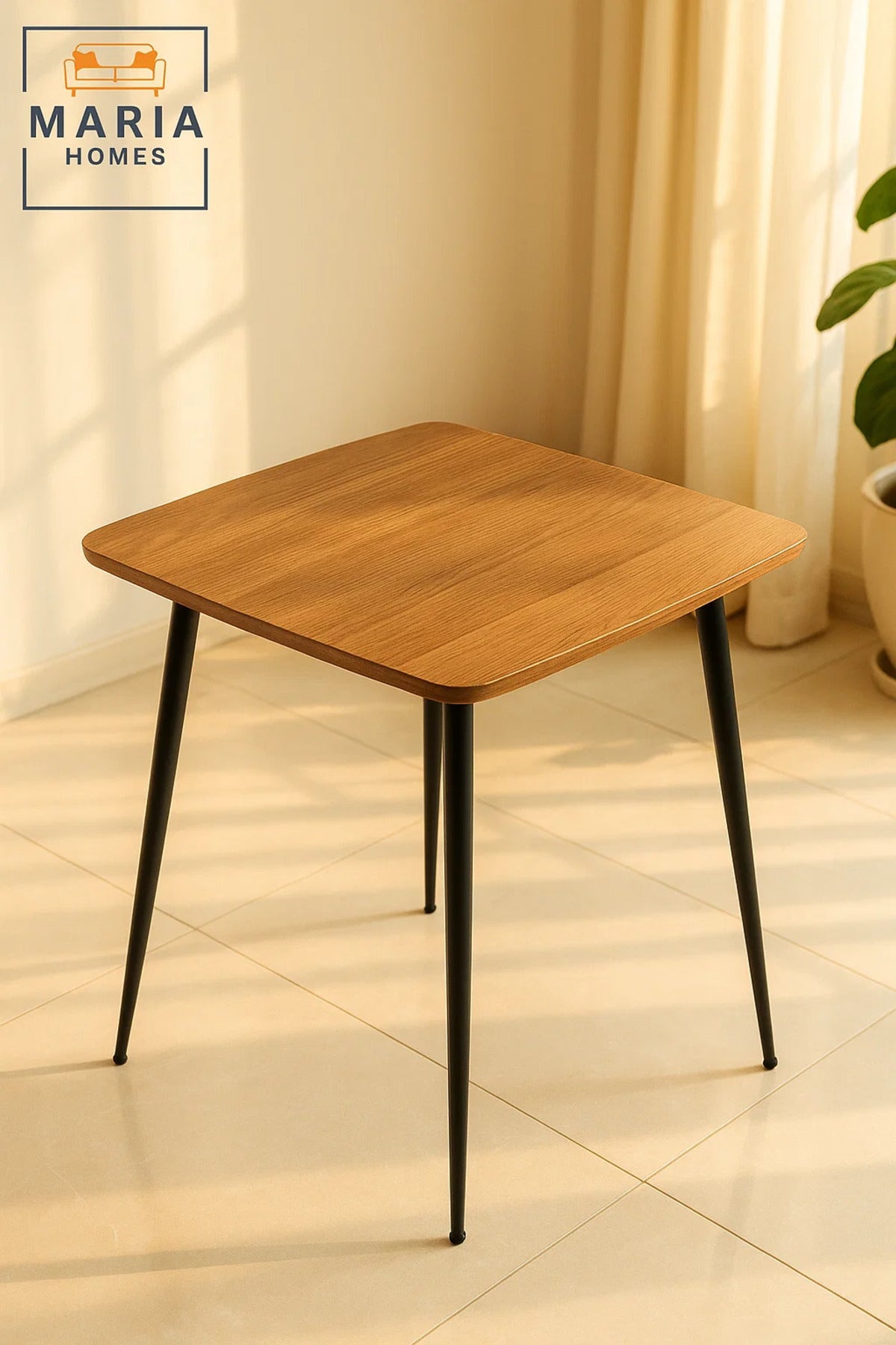 Square Wooden Side Table with Sleek Black Legs Ð Natural Finish