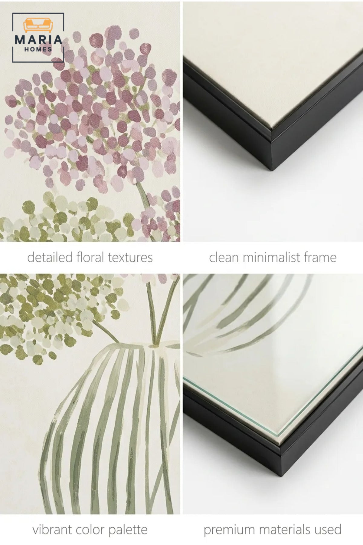 Modern Floral Wall Art with Slim Black Frame, Pink and Green Botanical Vase Canvas Print for Living Room, Bedroom, Hallway and Office Décor