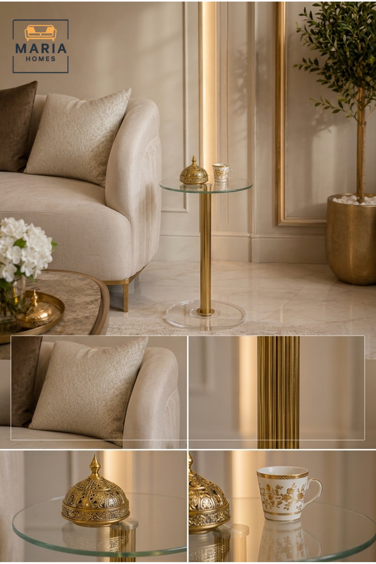Modern Glass Side Table Gold Accent Table Round End Table for Living Room Bedroom