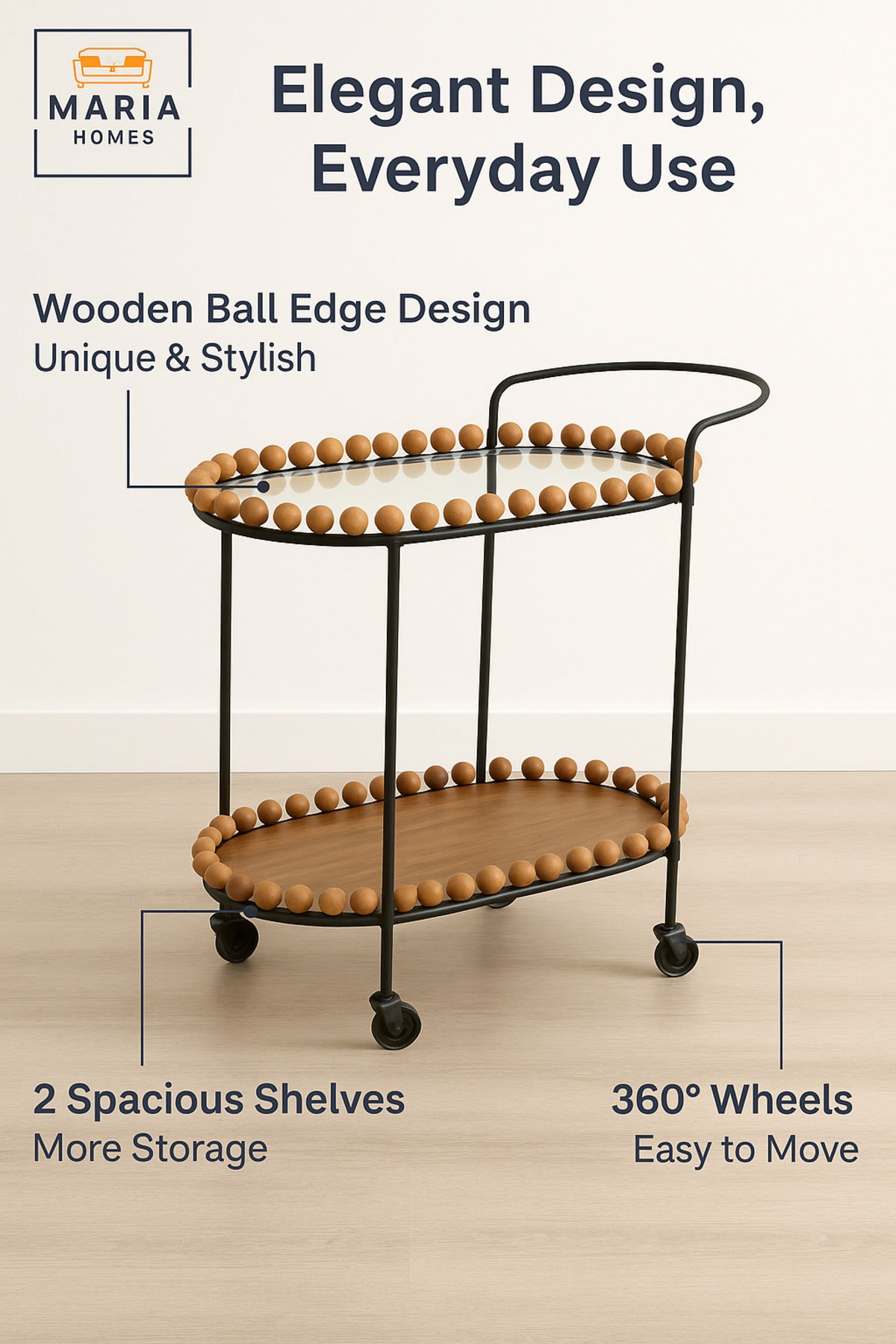 Brown & Black Oval Serving Trolley with Wooden Beads Ð 2-Tier Tea & Coffee Cart 70_40_84 cm