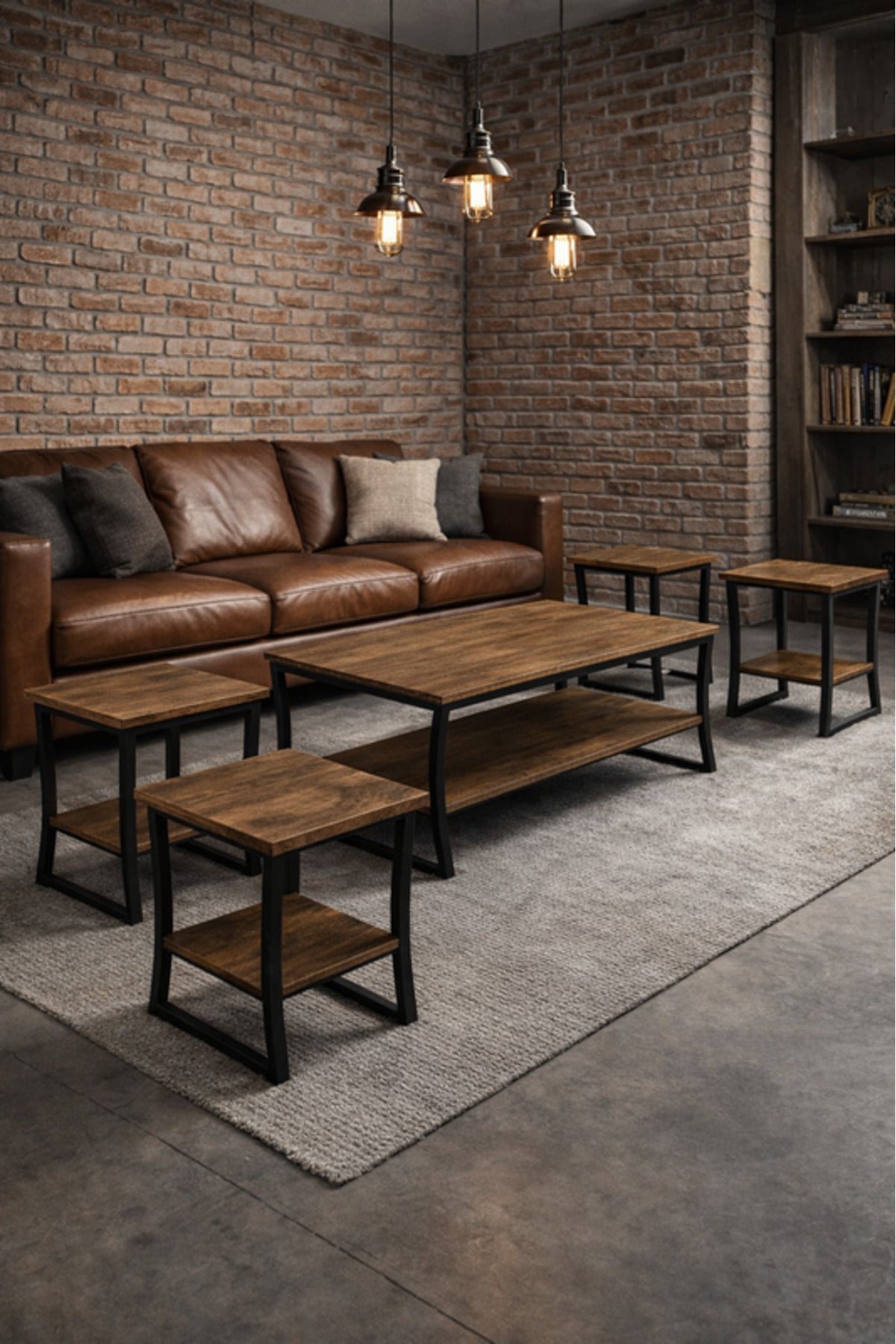 Brown 1+4 Coffee Table Set √ê Rustic Wood and Metal Design with 1 Large and 4 Side Tables