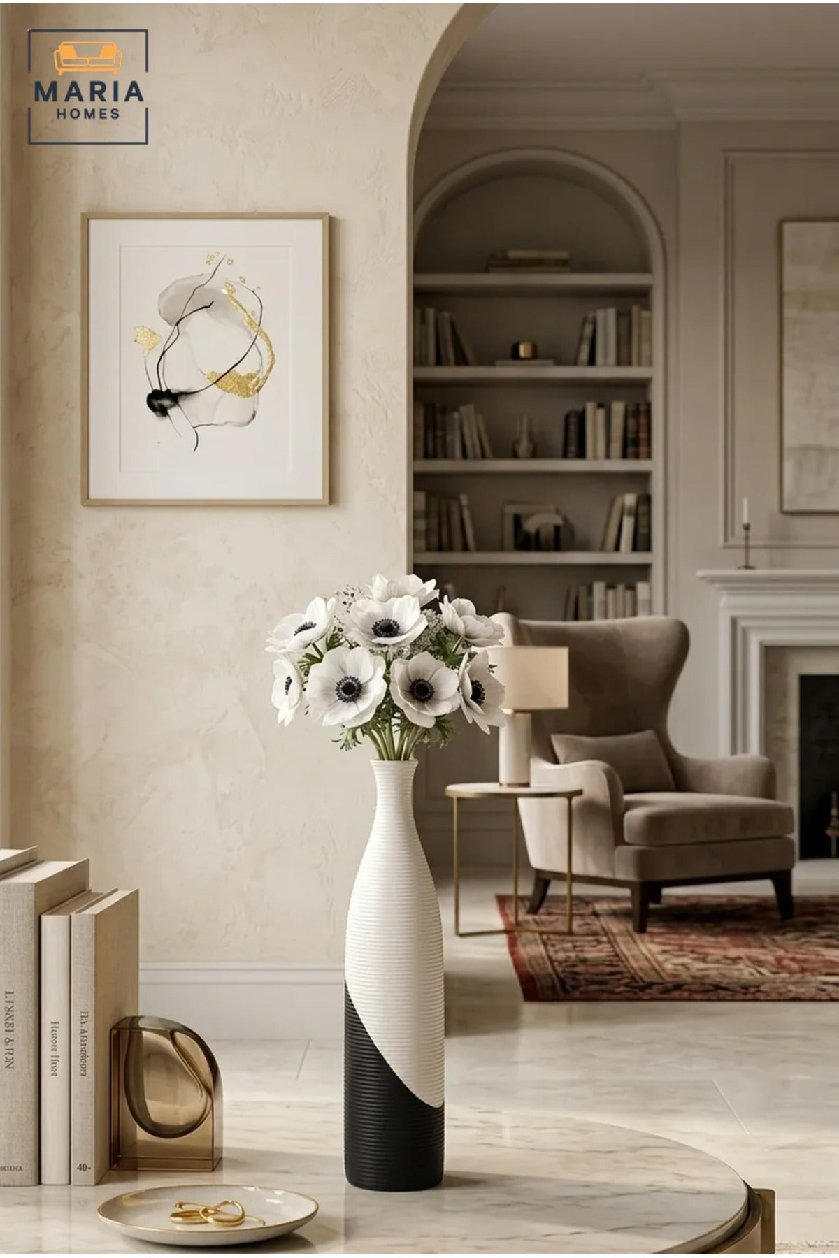 Modern Ceramic Decorative Vase with Black & White Finish, Tall Flower Vase for Living Room, Dining Table, Shelf & Home Décor