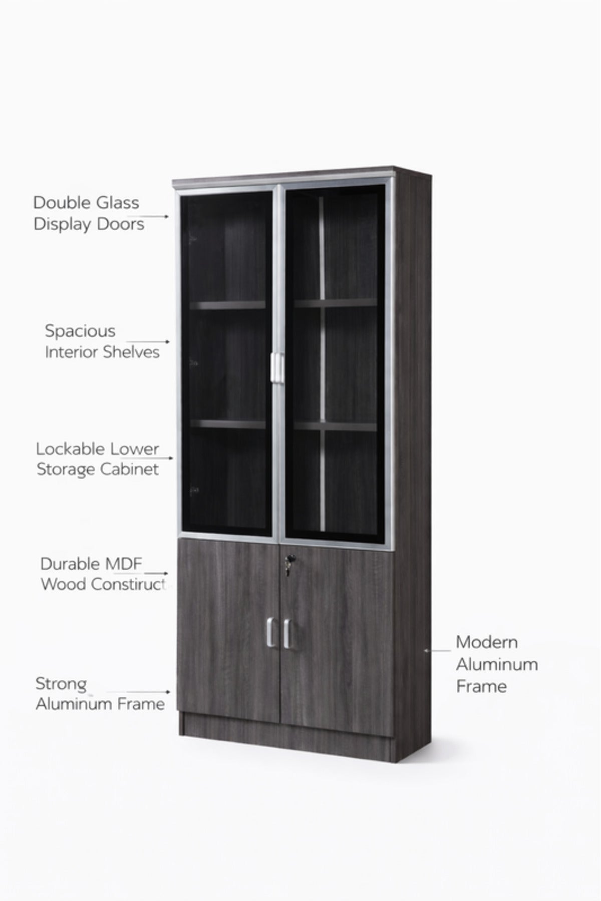 Modern Grey Office Storage Cabinet Glass Display Shelves Lockable File Organizer Unit 190cm