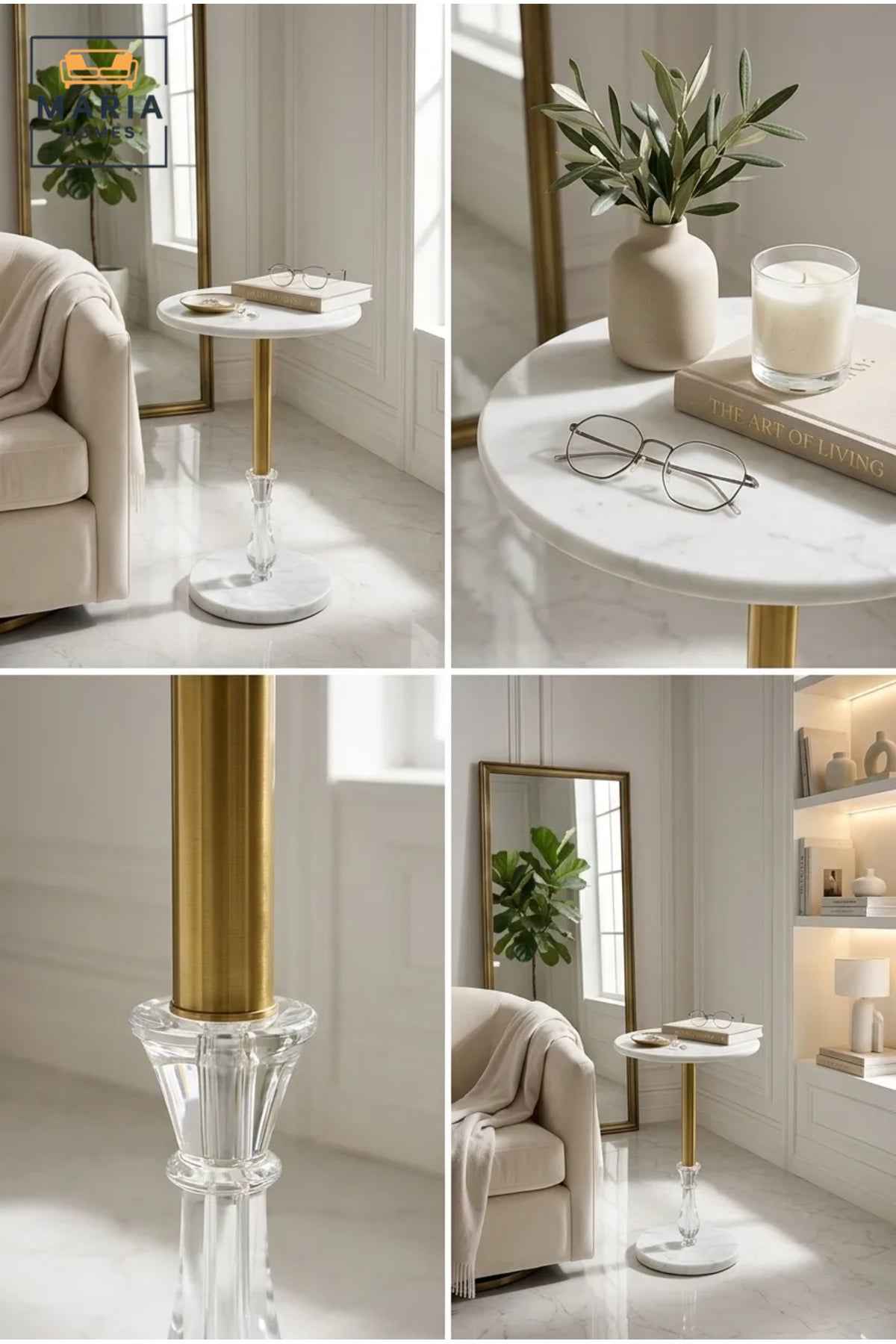 Modern Round Side Table with Marble-Effect Finish, Crystal Accent, and Gold Metal Frame