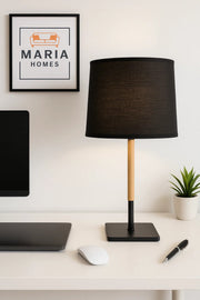 Modern Black Table Lamp with Wooden Stand for Home Office or Bedroom Lighting