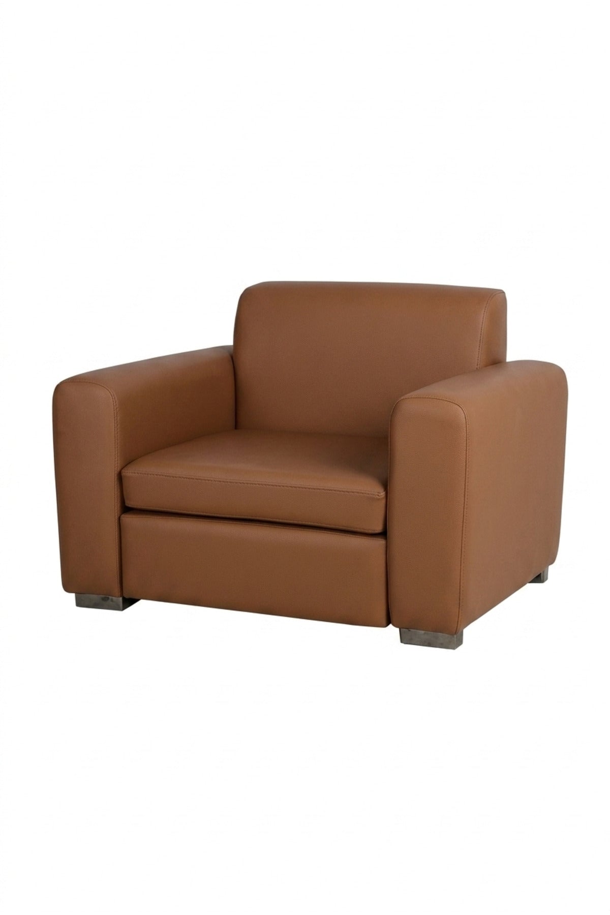 Modern Brown Leather Armchair with Wide Padded Armrests, Cushioned Seat & Low Metal Feet, Contemporary Lounge Accent Chair for Living Room Office Reception