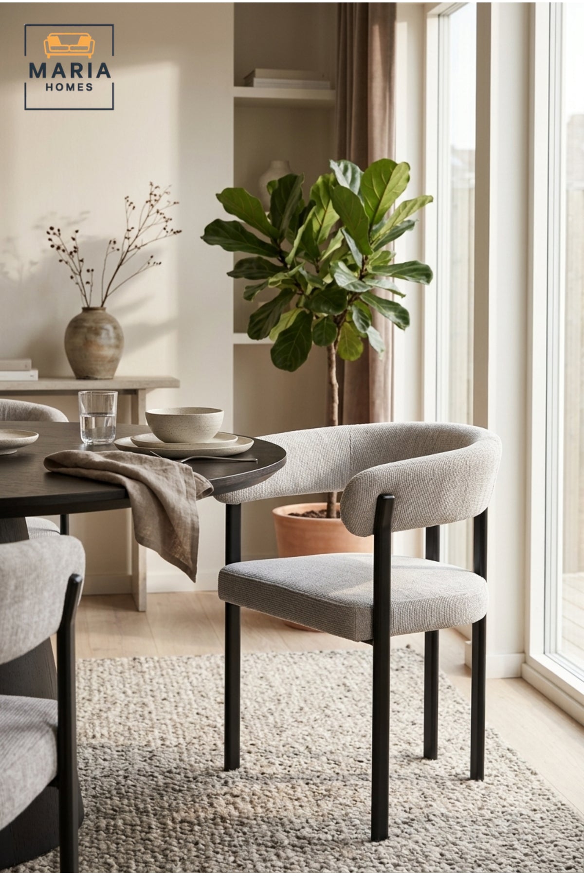 Modern Upholstered Dining Chair with Curved Backrest & Metal Legs for Dining Room Furniture