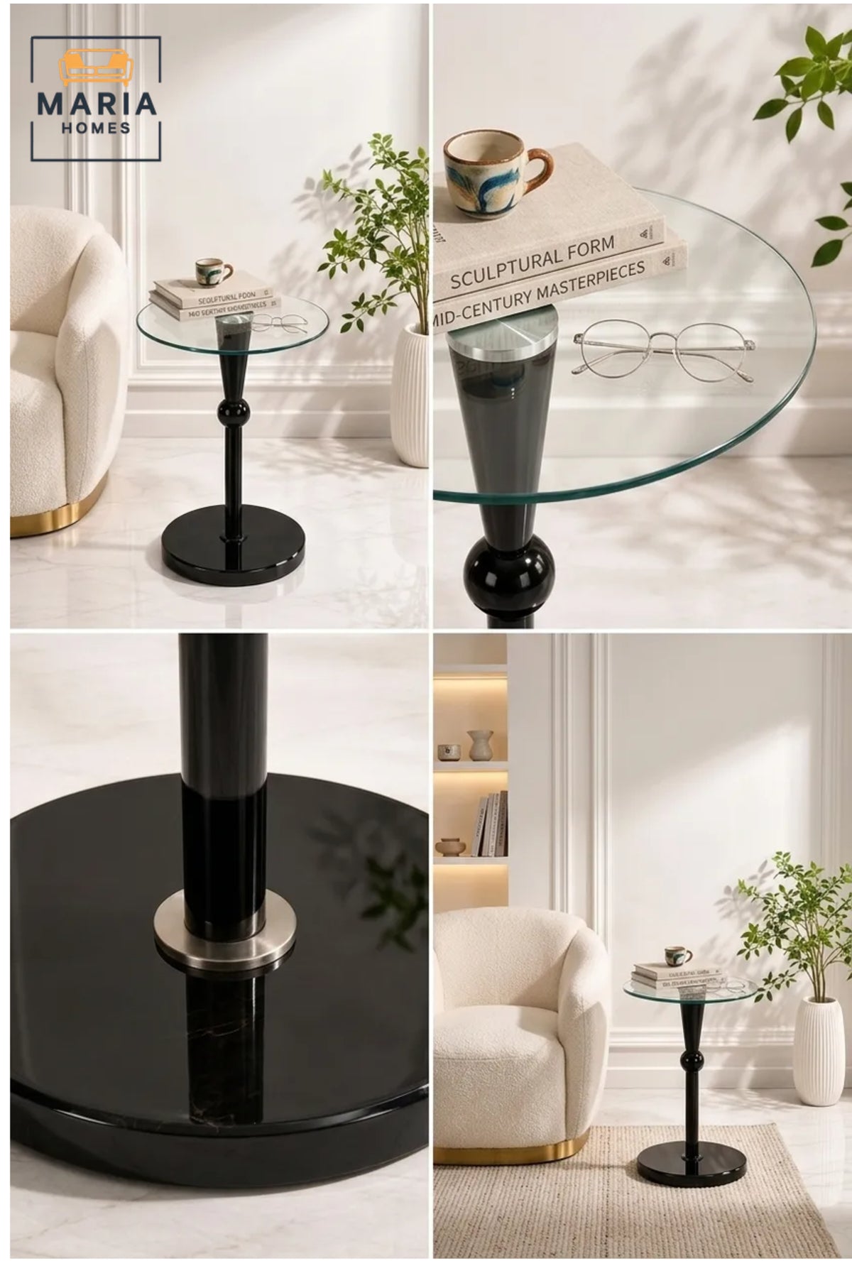 Modern Round Glass Side Table with Black Pedestal Base