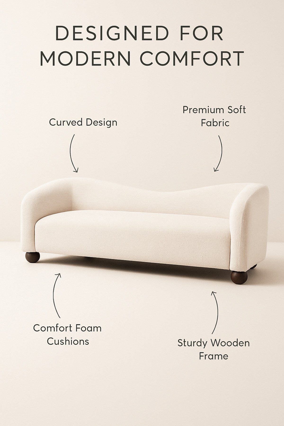 Modern Cream Curved Sofa Ð Minimalist Fabric Couch with Rounded Design and Wooden Legs