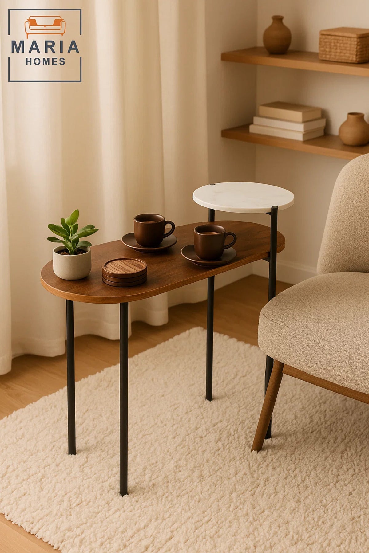 Two-Tier Side Table with Wood and White Marble Top Ð Stylish Contrast Design