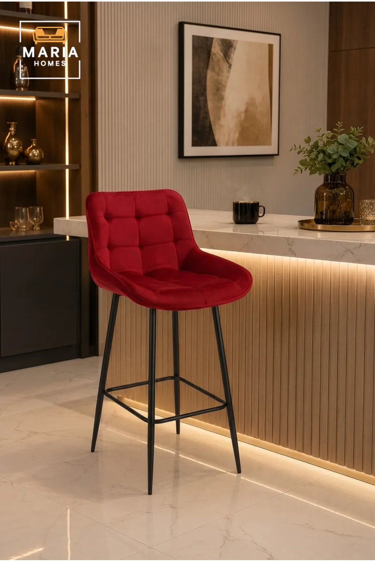 Modern Velvet Counter Stool with Tufted Upholstery, Curved Backrest and Metal Frame
