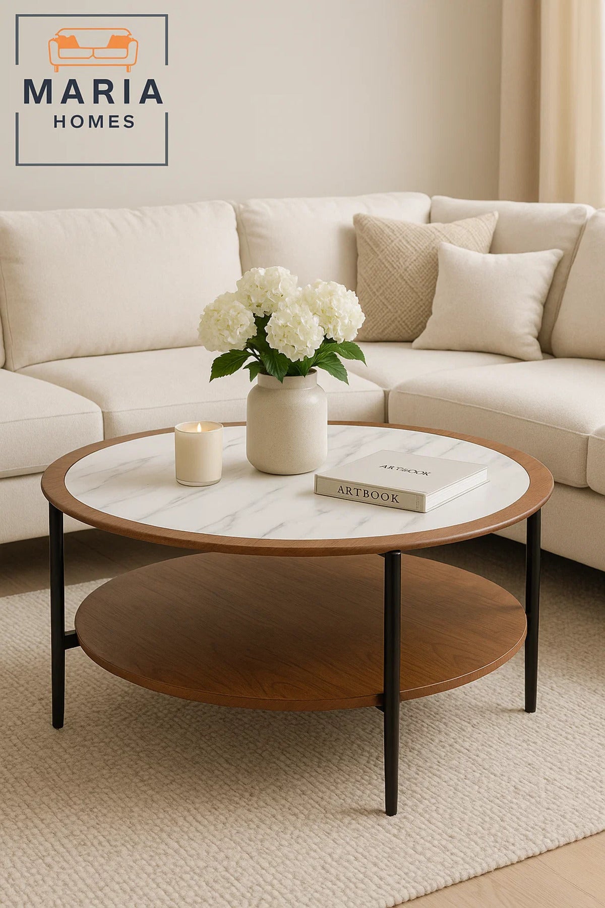 Elegant marble and walnut round coffee table with shelf