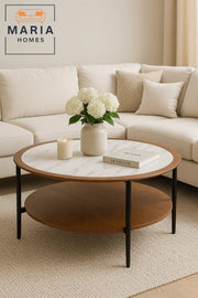 Elegant marble and walnut round coffee table with shelf