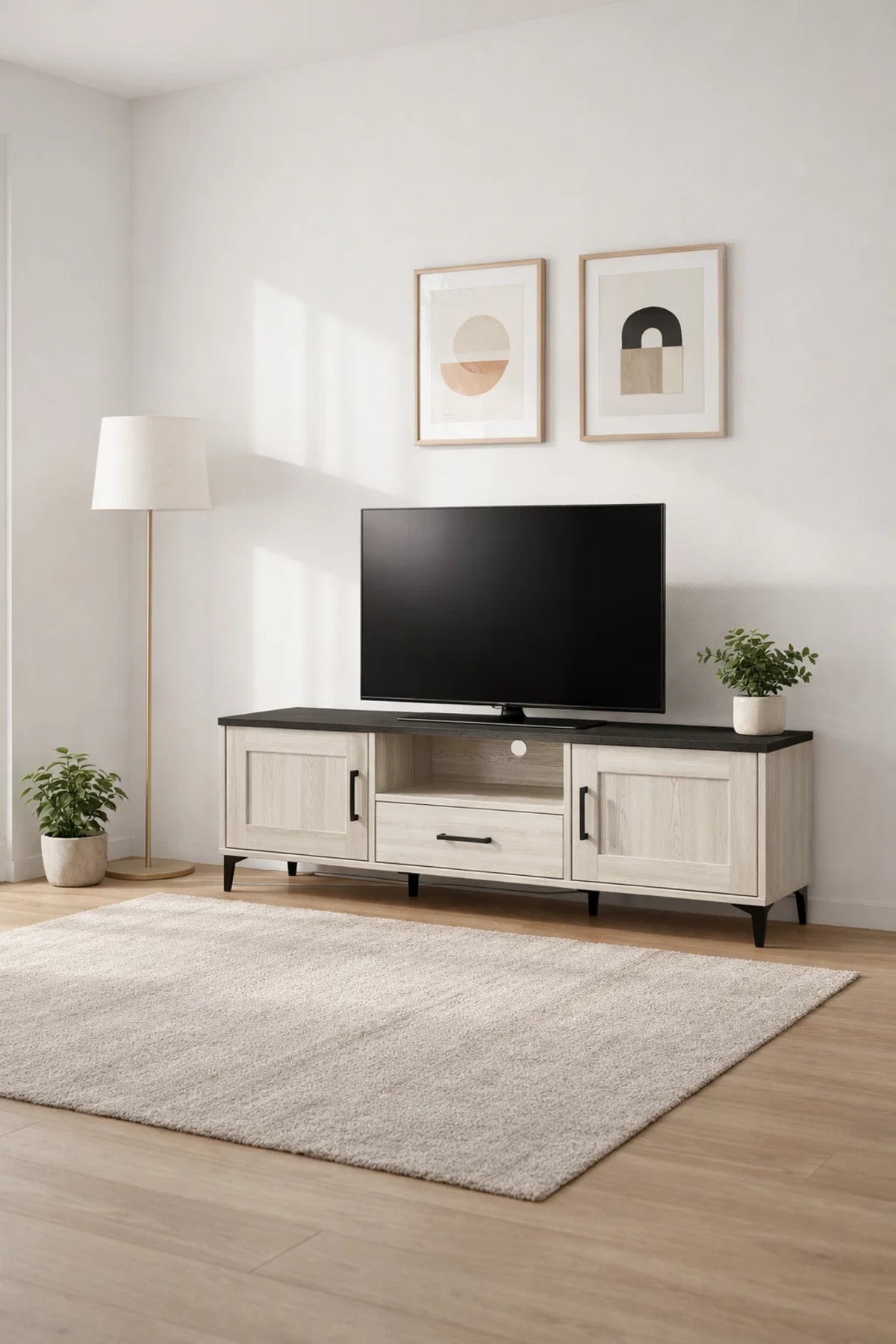 White Oak TV Stand √ê 160x40x50 cm Modern Wooden Plasma Table with Cabinets & Drawer