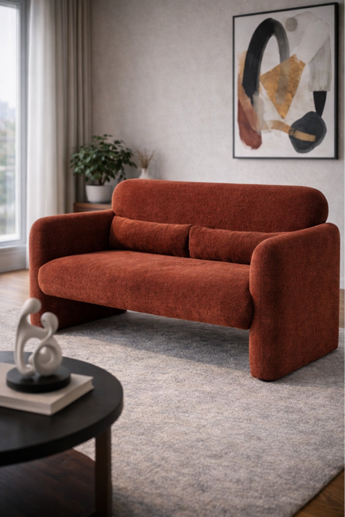 Dark Red Fabric 2 Seater Sofa Modern Living Room Loveseat dark red fabric Couch