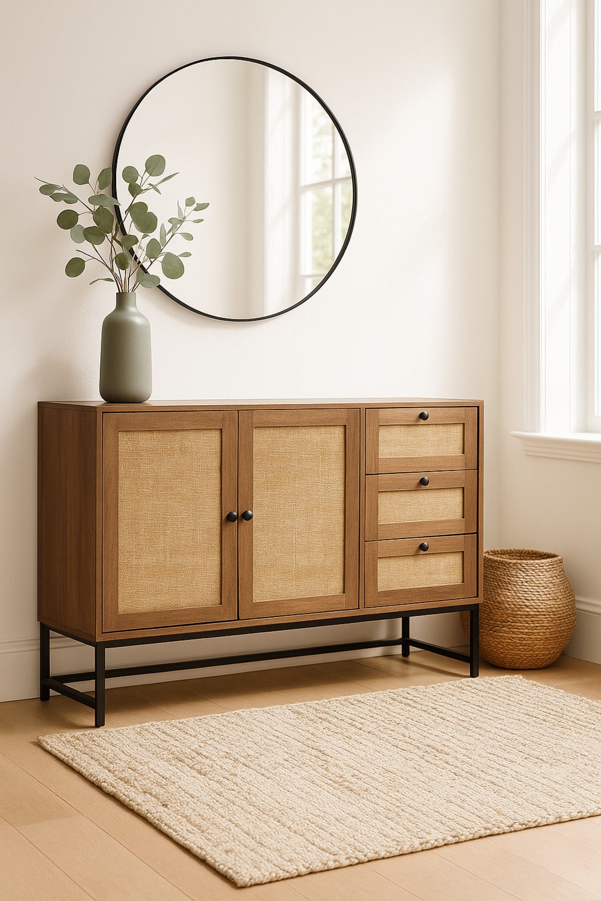 Walnut Rattan Console Table 120_40_85 cm Ð Modern Wooden Storage Cabinet with 2 Doors and 3 Drawers