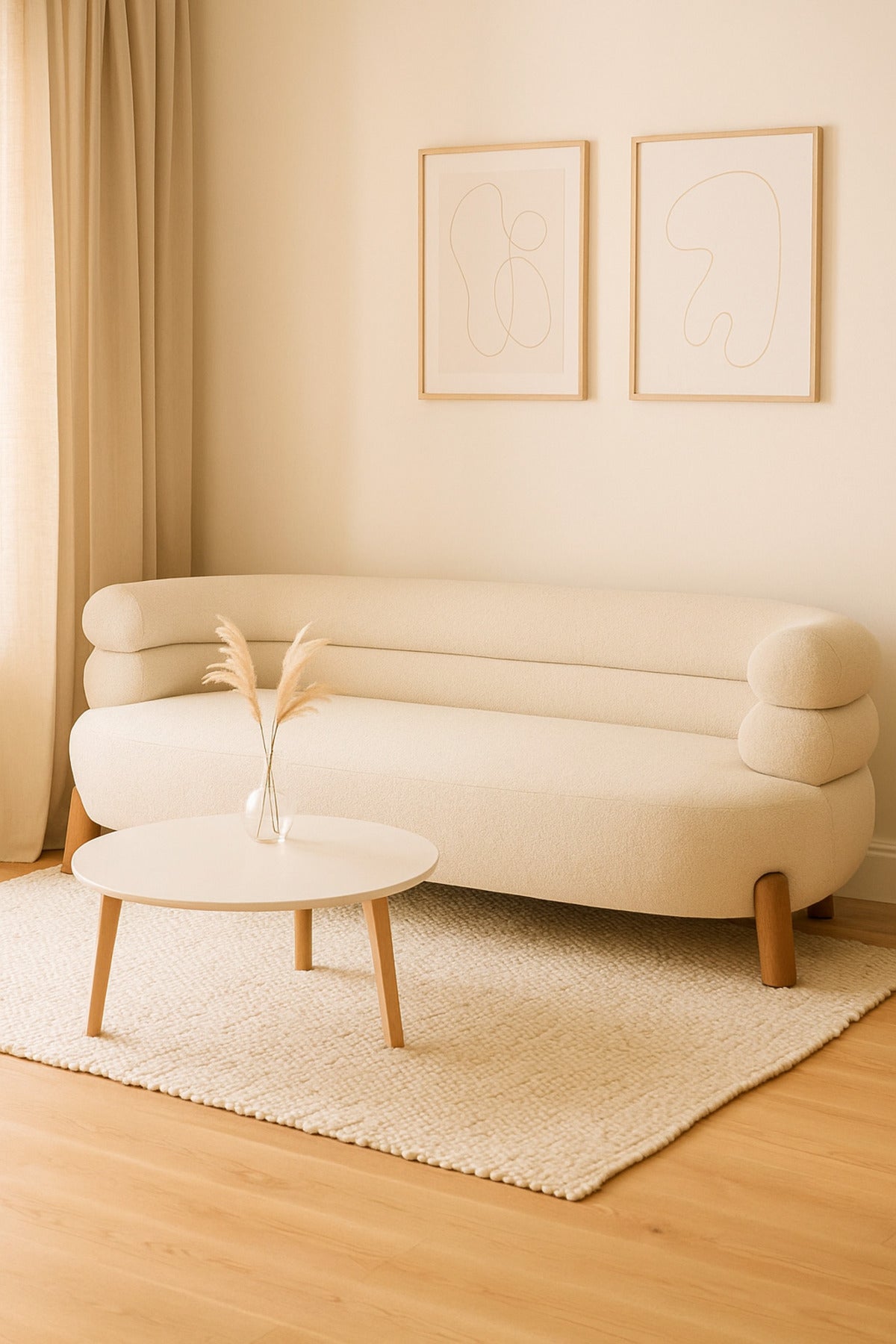 Modern Cream Bubble Sofa Ð Contemporary Fabric Couch with Rounded Backrest & Wooden Legs