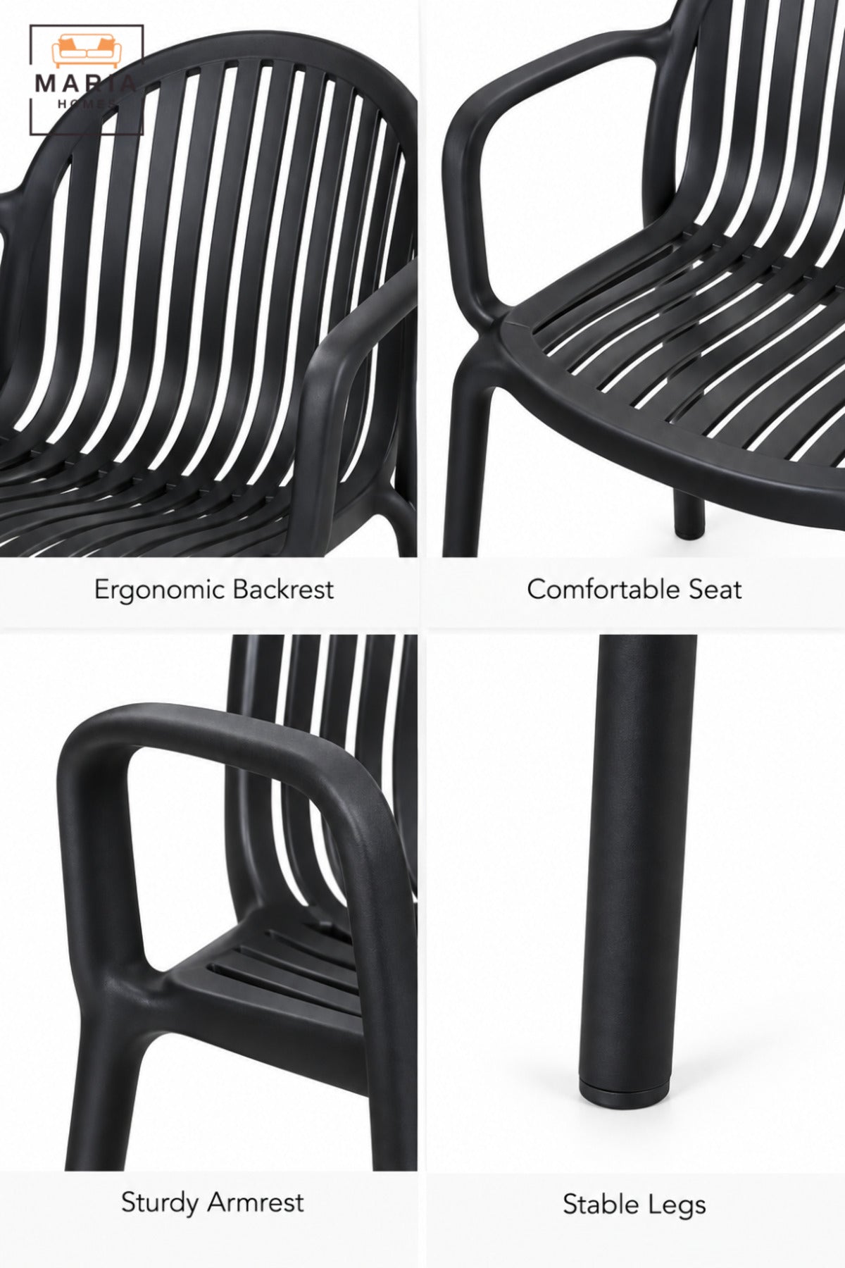 Modern Black Garden Chair with Armrests, Vertical Slatted Curved Backrest and Comfortable Seat for Patio, Balcony, Terrace, Café & Outdoor Seating