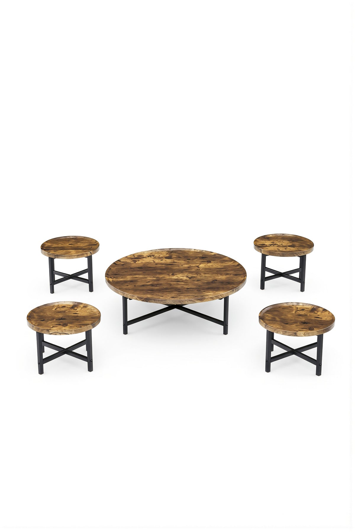 Rustic 5-Piece Coffee Table Set with Wooden Top and Black Metal Frame Modern Design for Living Room