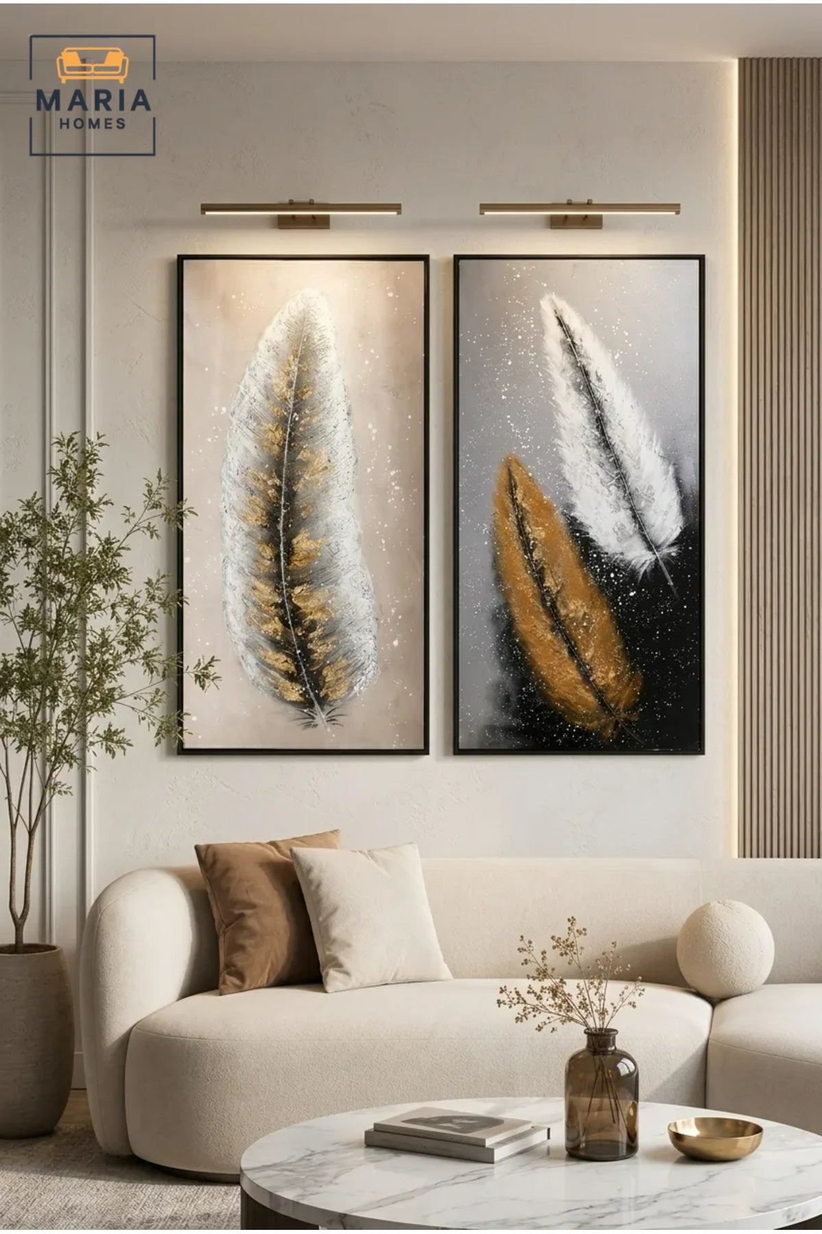 Modern Feather Framed Wall Art Set of 2 Ð Gold, White & Grey Decorative Painting for Living Room, Bedroom & Office DŽcor