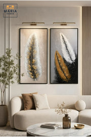 Modern Feather Framed Wall Art Set of 2 Ð Gold, White & Grey Decorative Painting for Living Room, Bedroom & Office DŽcor