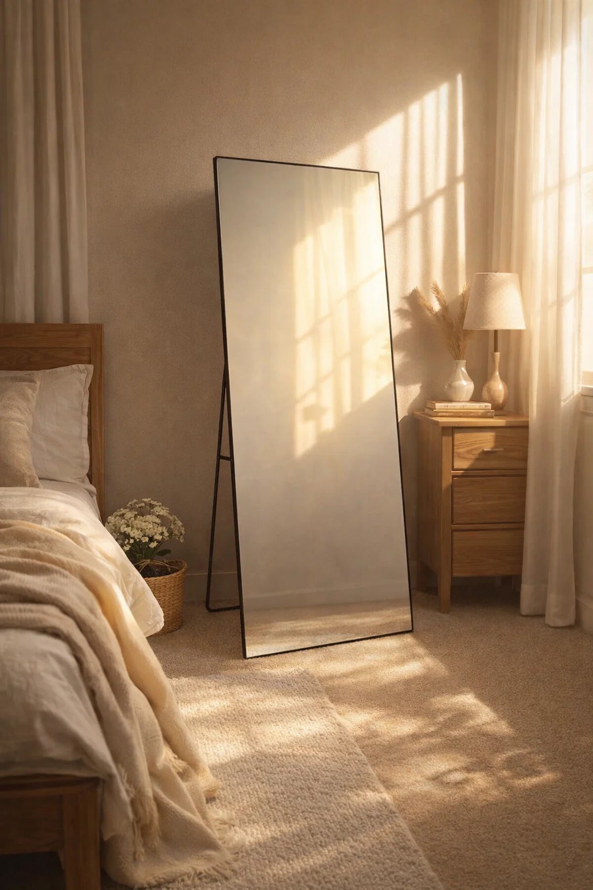 Modern Black Metal Standing Floor Mirror Full Body View 180x60cm Aesthetic Bedroom Decoration