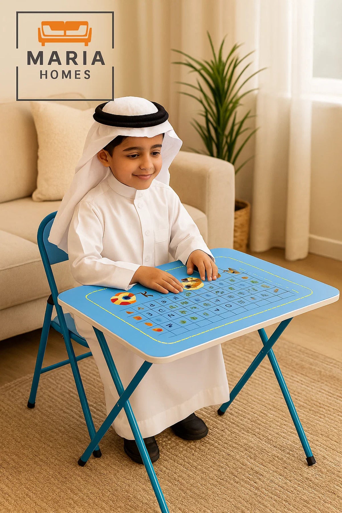 Blue Kids Study Table and Chair Set Ð Foldable Learning Desk with Educational Alphabet Print