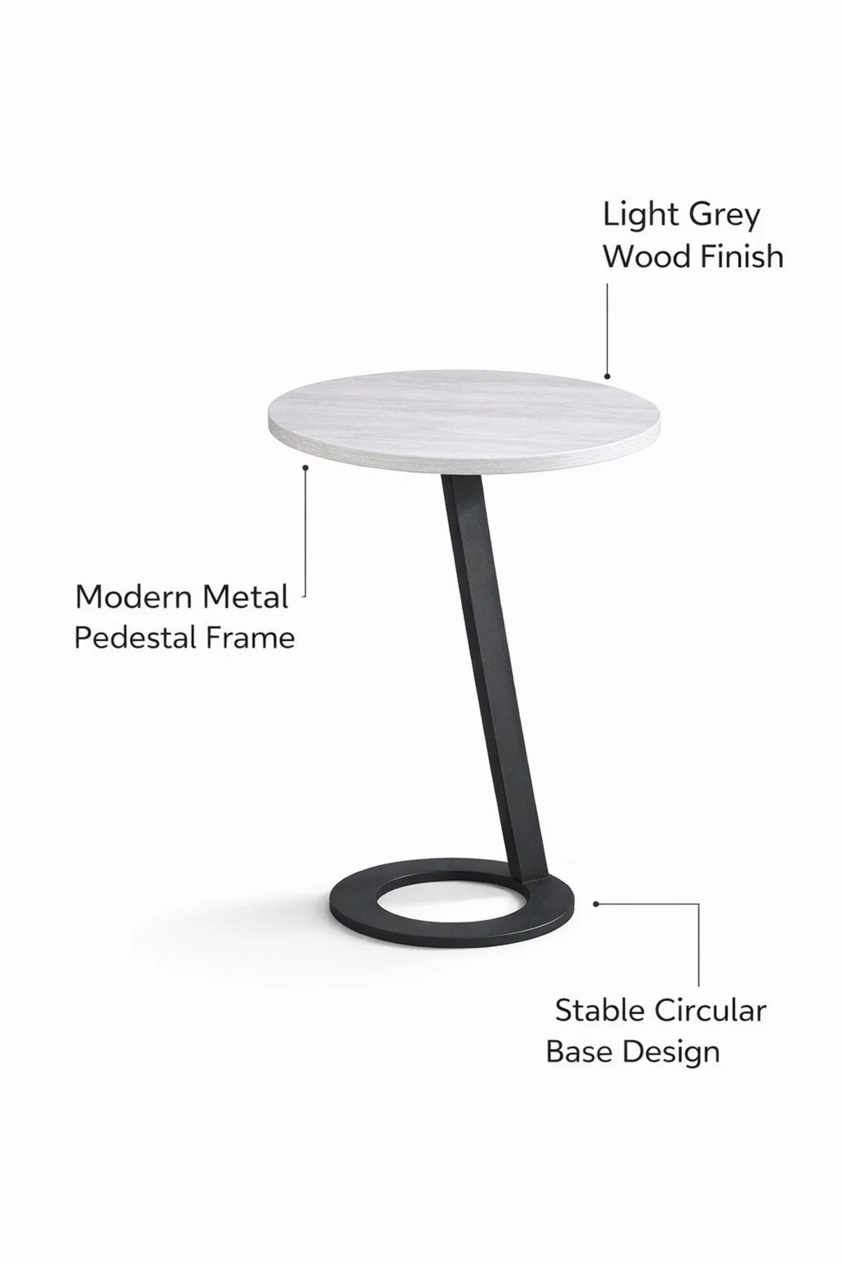 Light Grey Round Side Table 45_45_60 CM Wooden Top with Black Metal Base light grey