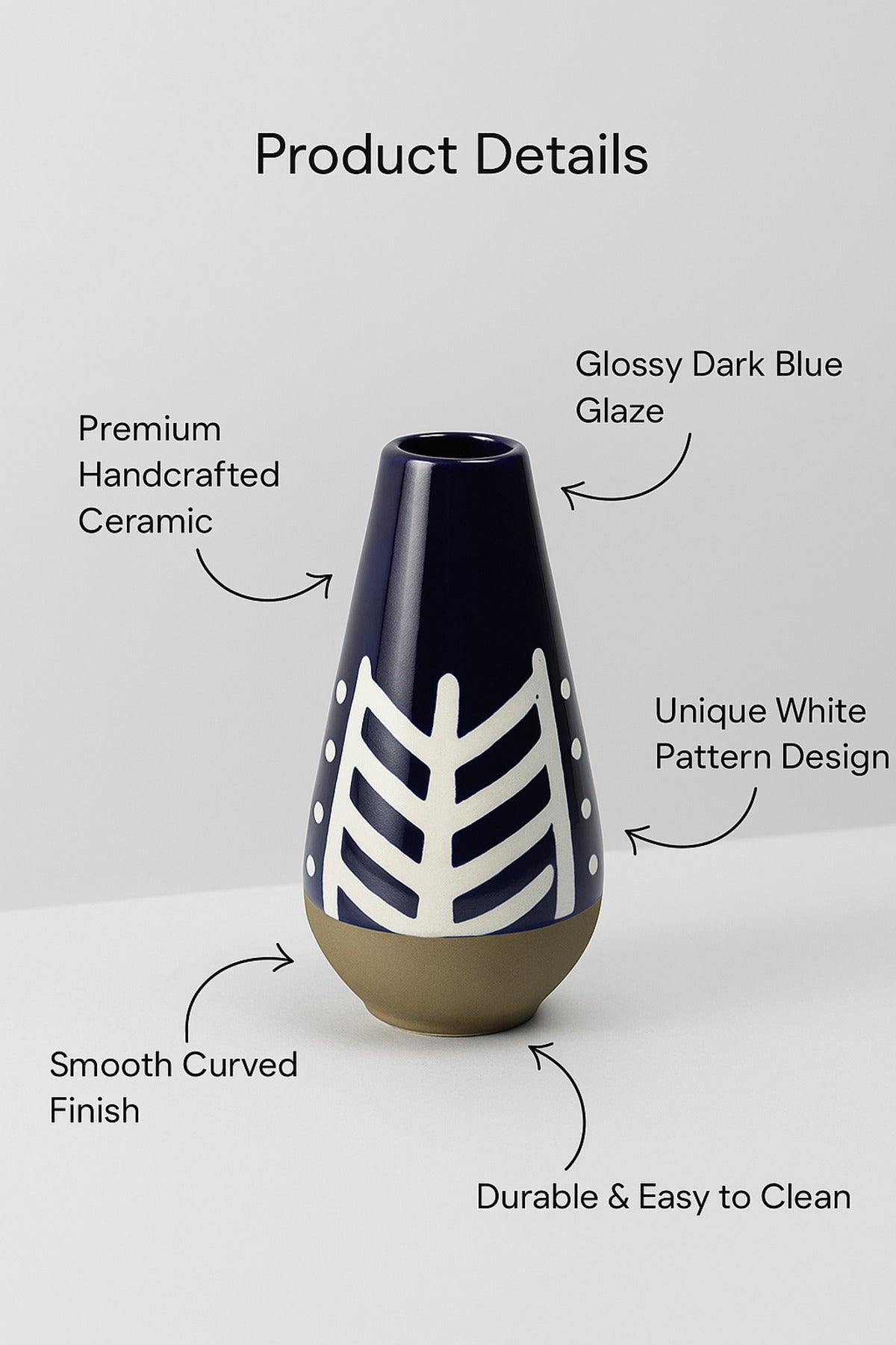 Dark Blue and White Ceramic Vase Ð Tall Tapered Geometric Decorative Vase