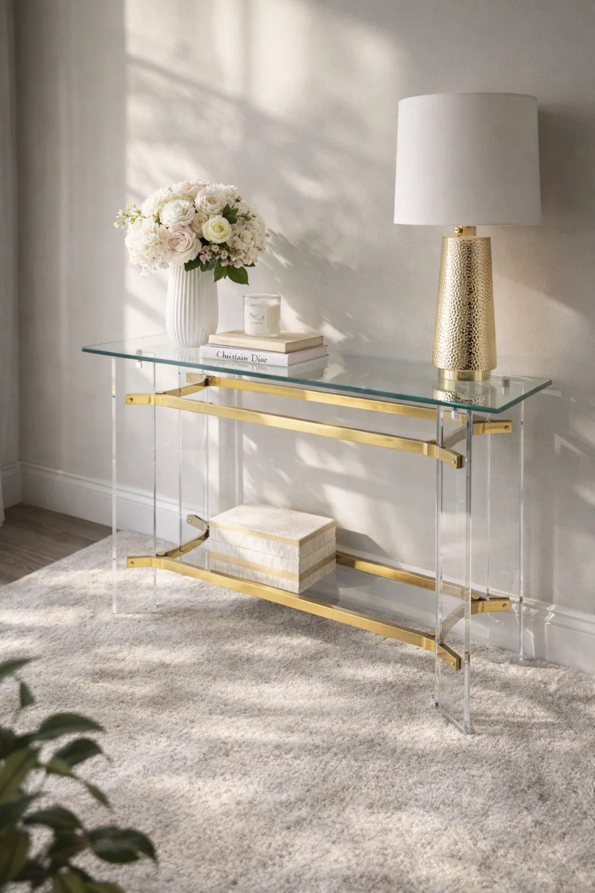 Luxury Acrylic Console Table with Gold Accents and Glass Top 120cm Modern Hallway Furniture