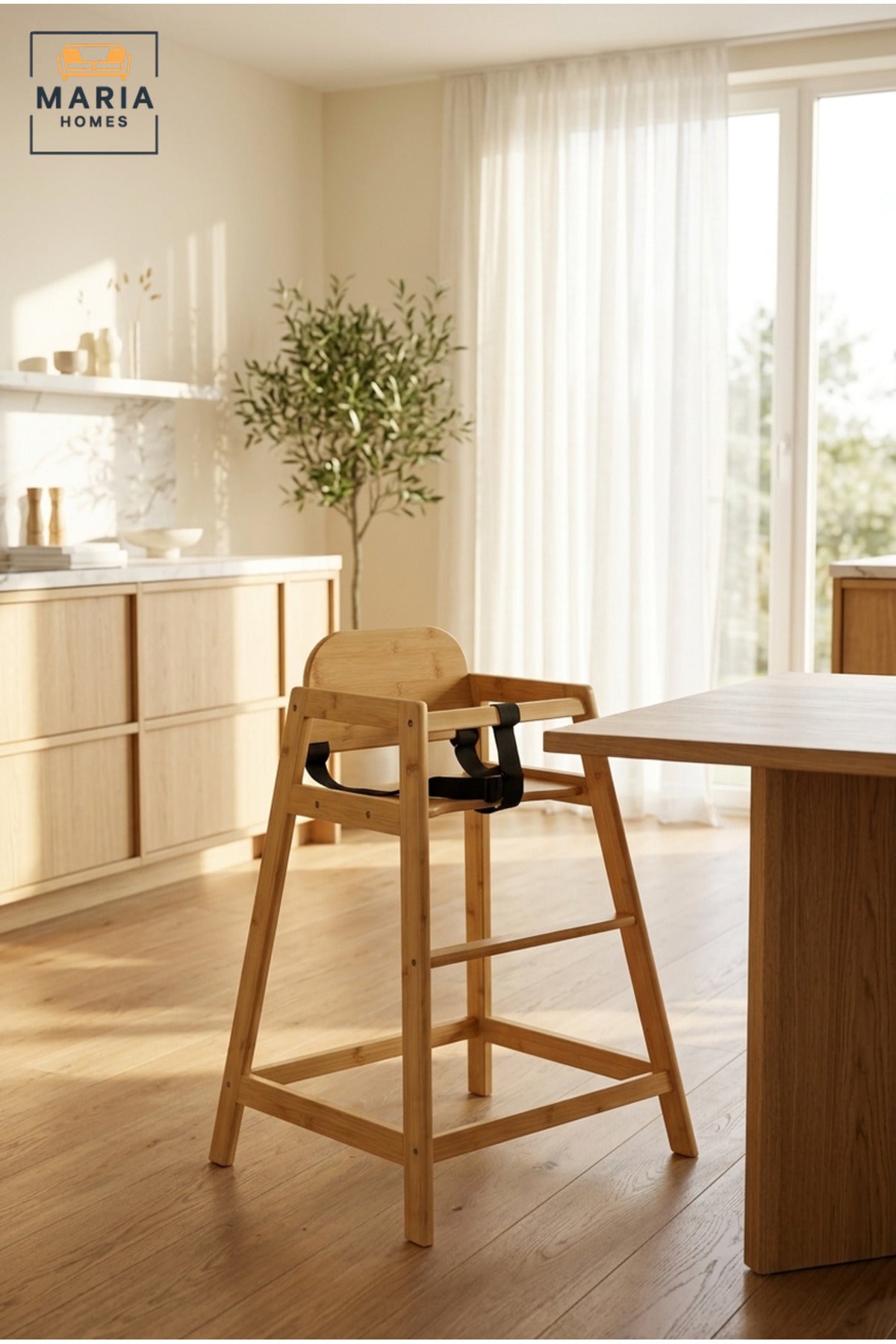 Wooden Baby High Chair | Natural Wood Feeding Chair with Safety Harness | Modern Toddler Dining Chair | Sturdy Kids High Chair for Home