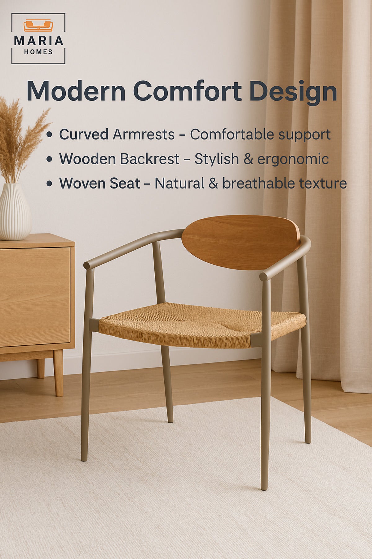 Modern Champagne Garden Chair Ð Wooden Backrest & Woven Seat for Outdoor Dining