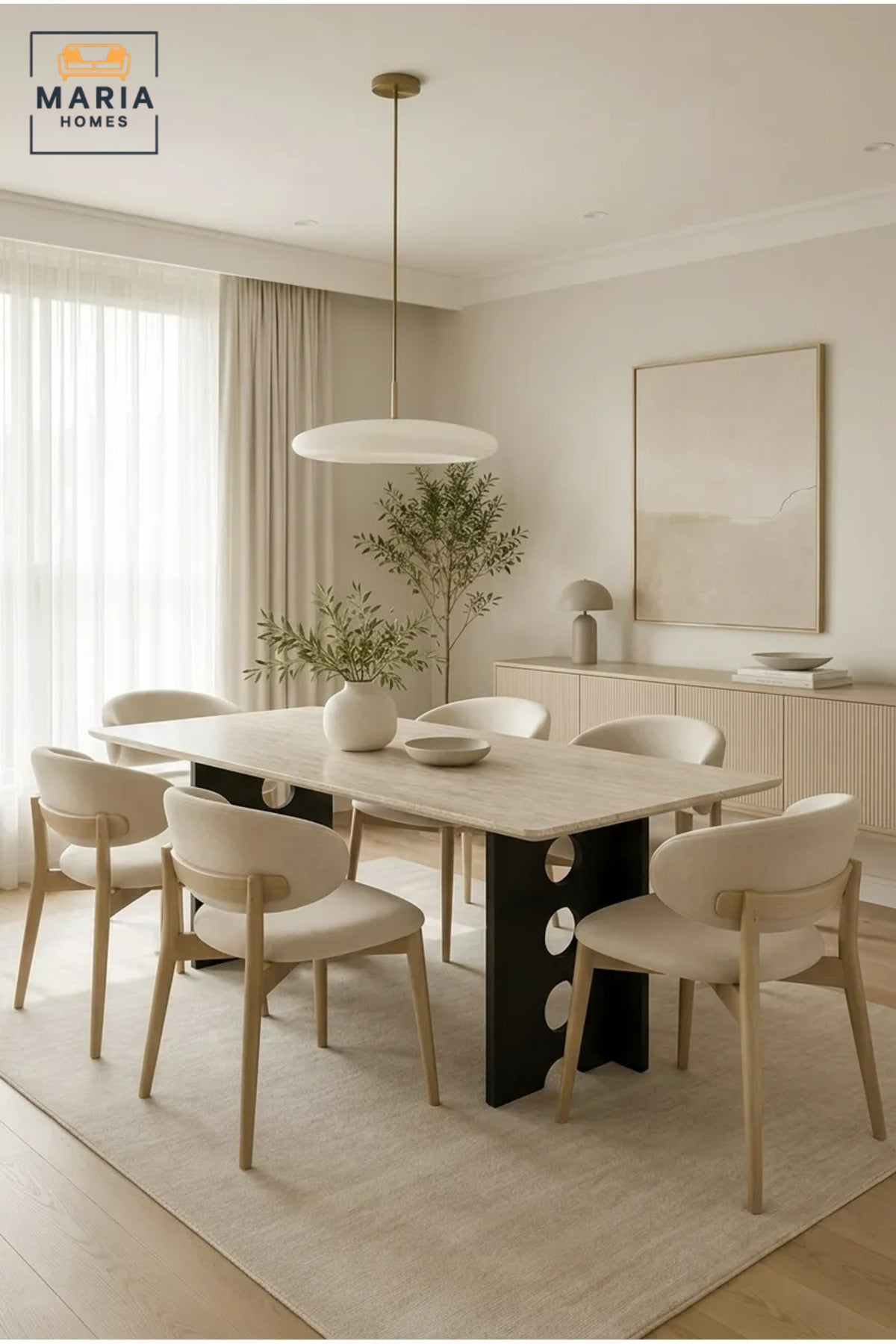 Modern Rectangular Dining Table with Wooden Top and Decorative Cut-Out Base, Contemporary Table for Dining Room, Kitchen, Café and Restaurant