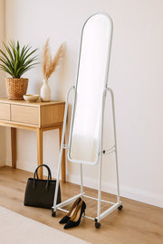 Full-Length Standing Mirror with Wheels Ð White Metal Frame Dressing Mirror with Bottom Shelf