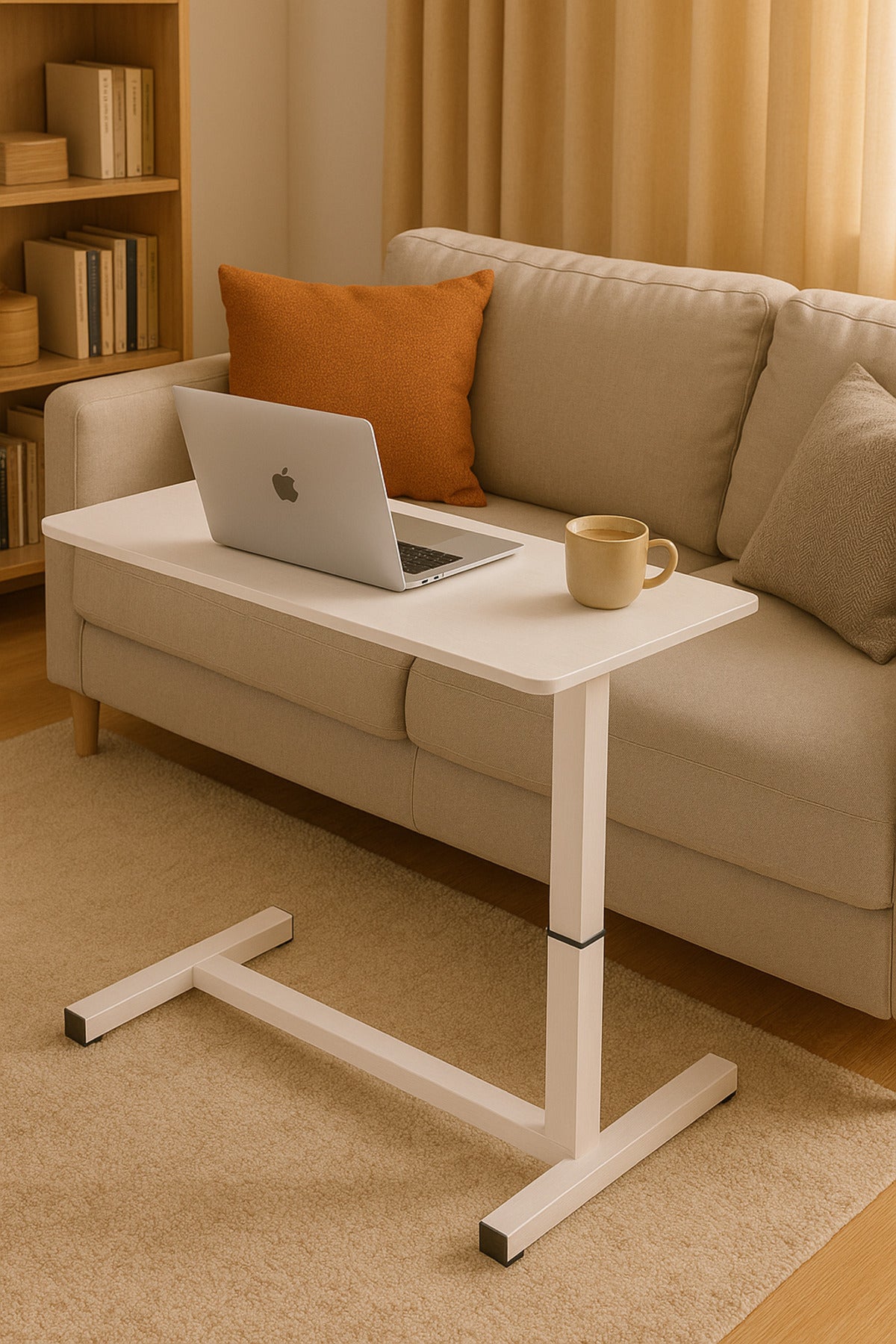 Adjustable Overbed Sofa Table √ê White Laptop Desk with T-Shaped Base for Living Room