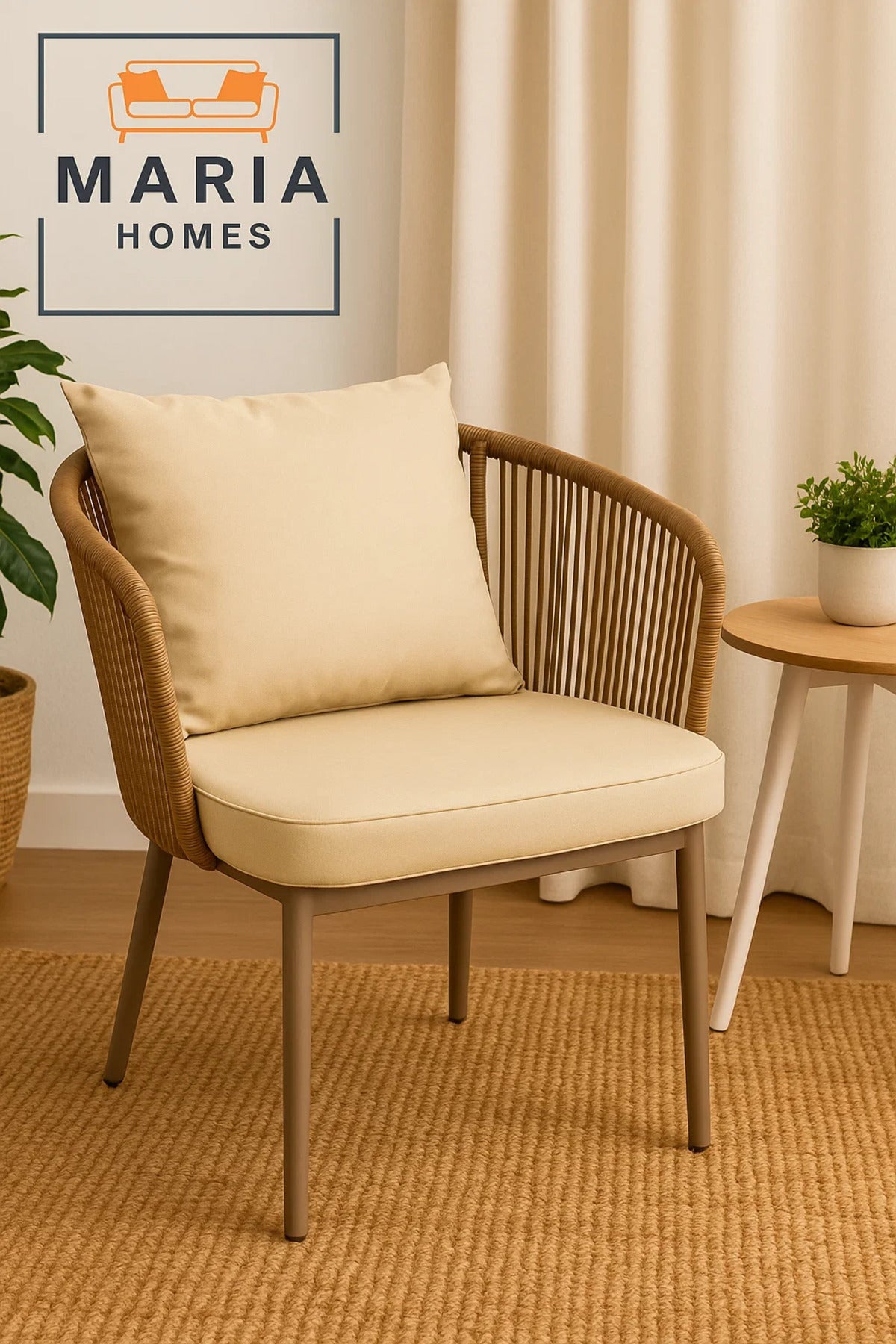 Beige Outdoor Rope Accent Chair with Cushions Ð Comfortable Garden or Balcony Seating