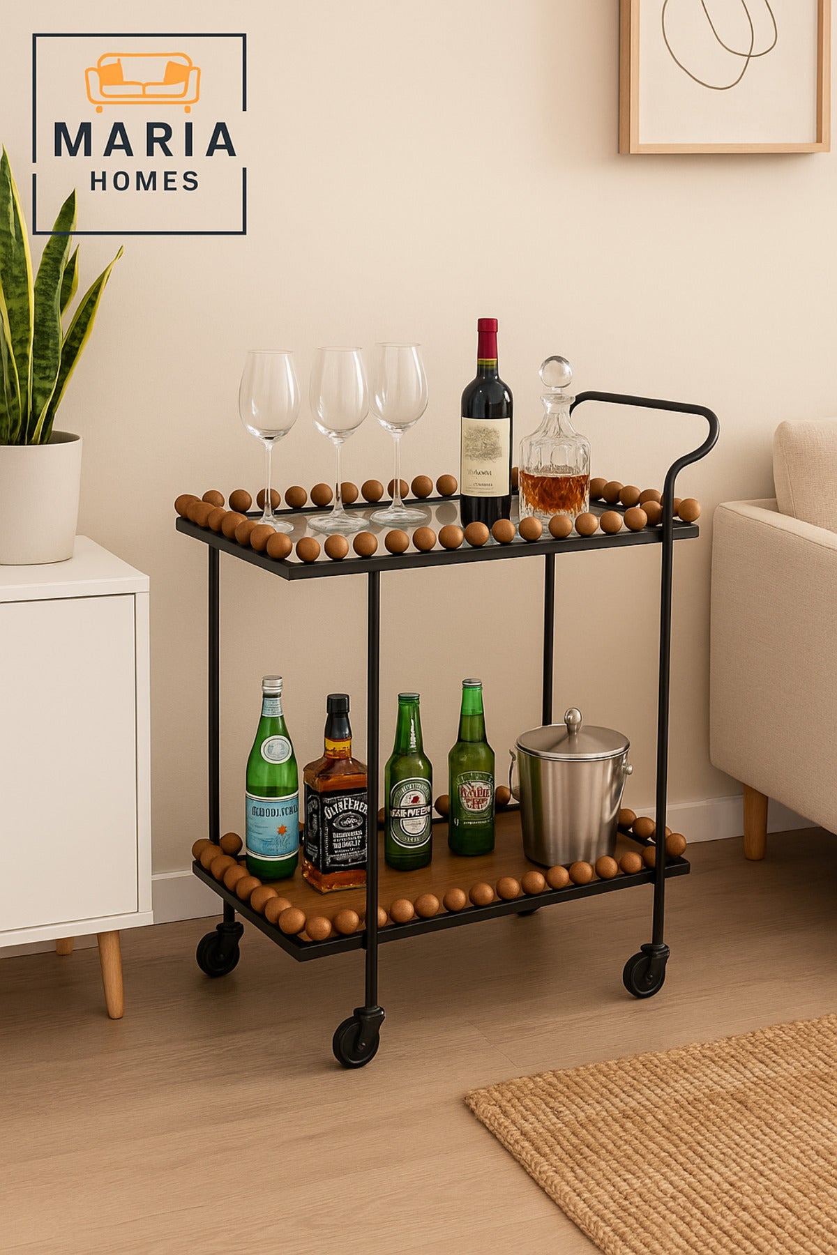 Serving Trolley with Wheels Ð Tea & Coffee Cart with Wooden Ball Edges (70_40_84 cm)