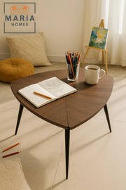 Tri-fold dark walnut accent table with sleek black legs